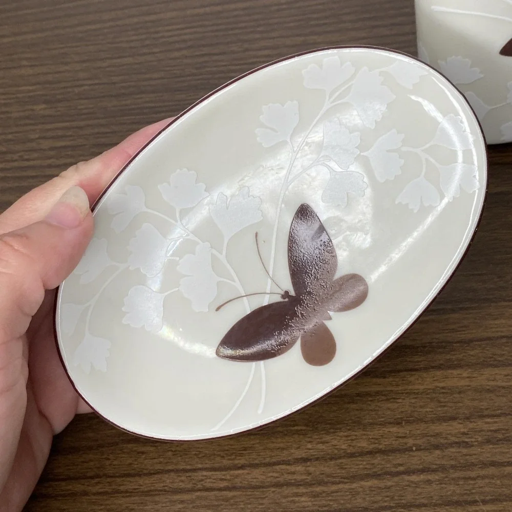 VTG Brown Butterfly Soap Dish & Toothbrush Holder Set •Japan• MCM• Ames Style